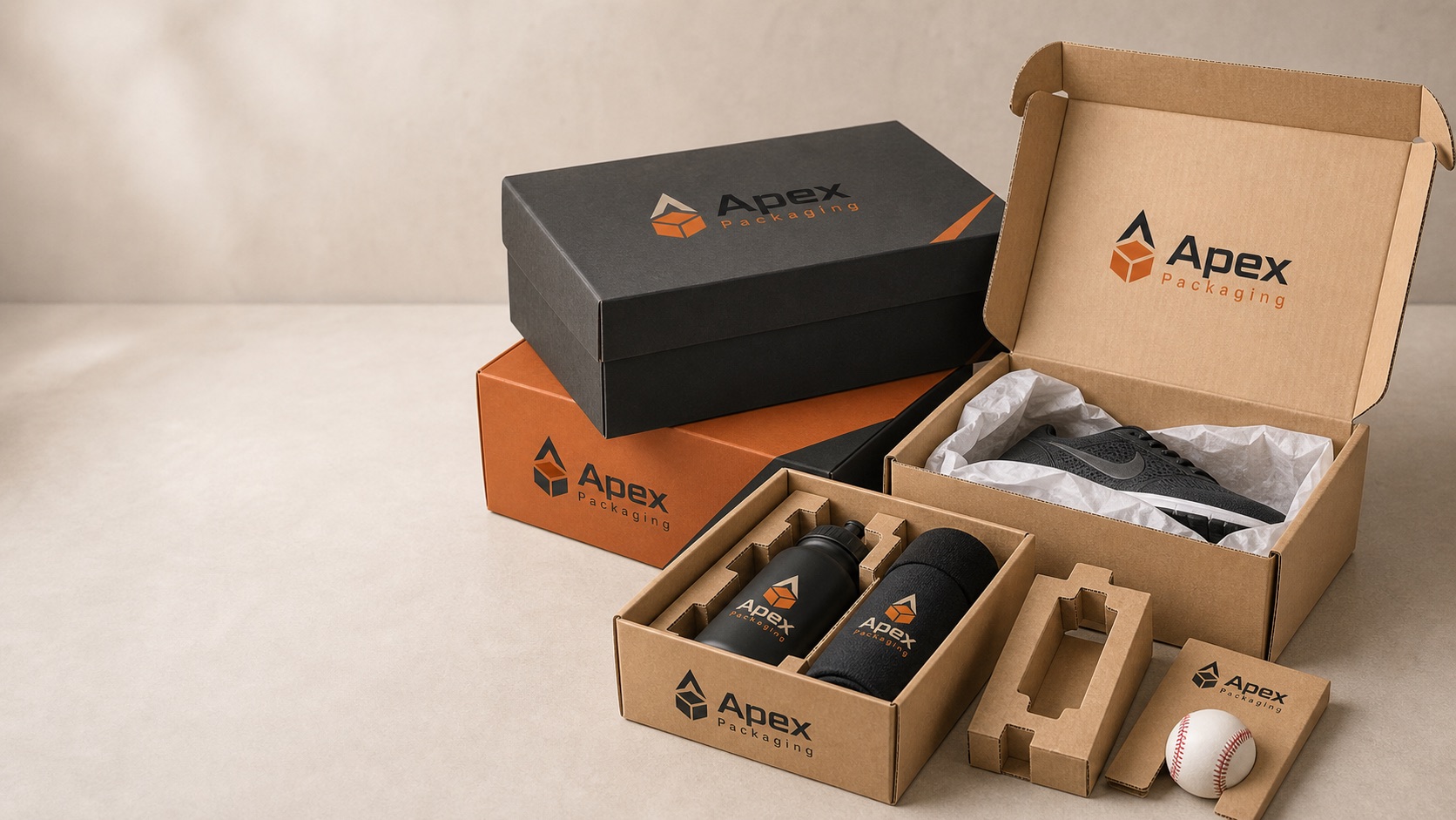Apex Packaging branded sports product boxes and ecommerce mailers