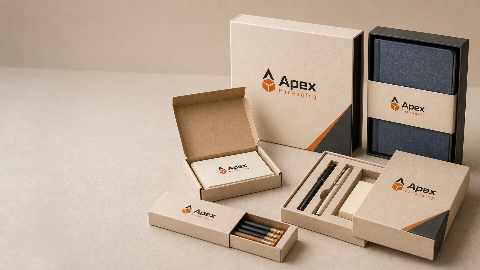 Apex Packaging branded stationery boxes and paper goods packaging