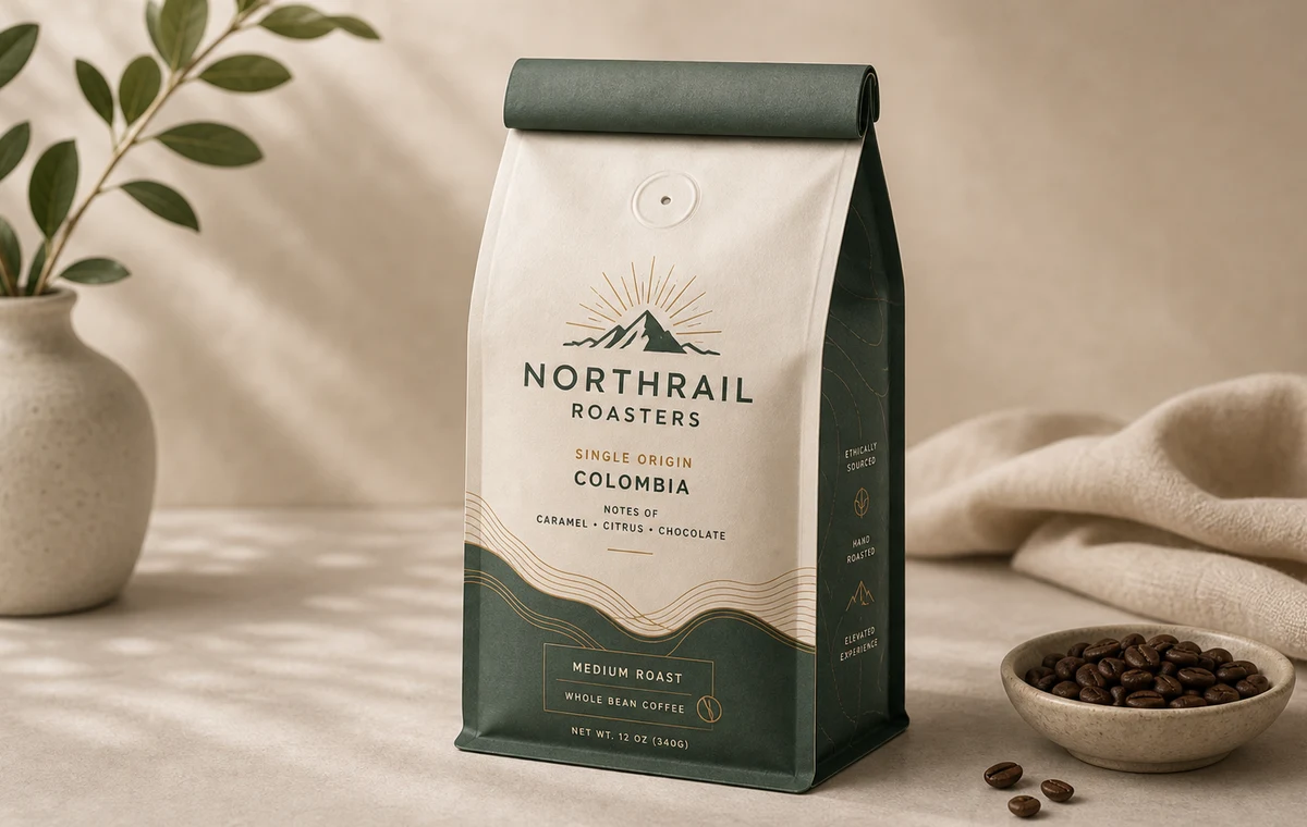 Premium coffee bag mockup with fictional Northrail Roasters branding