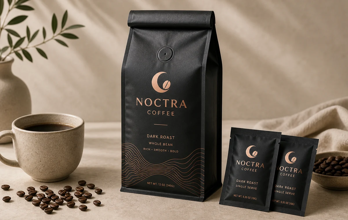 Premium black coffee pouch mockup with fictional Noctra Coffee branding