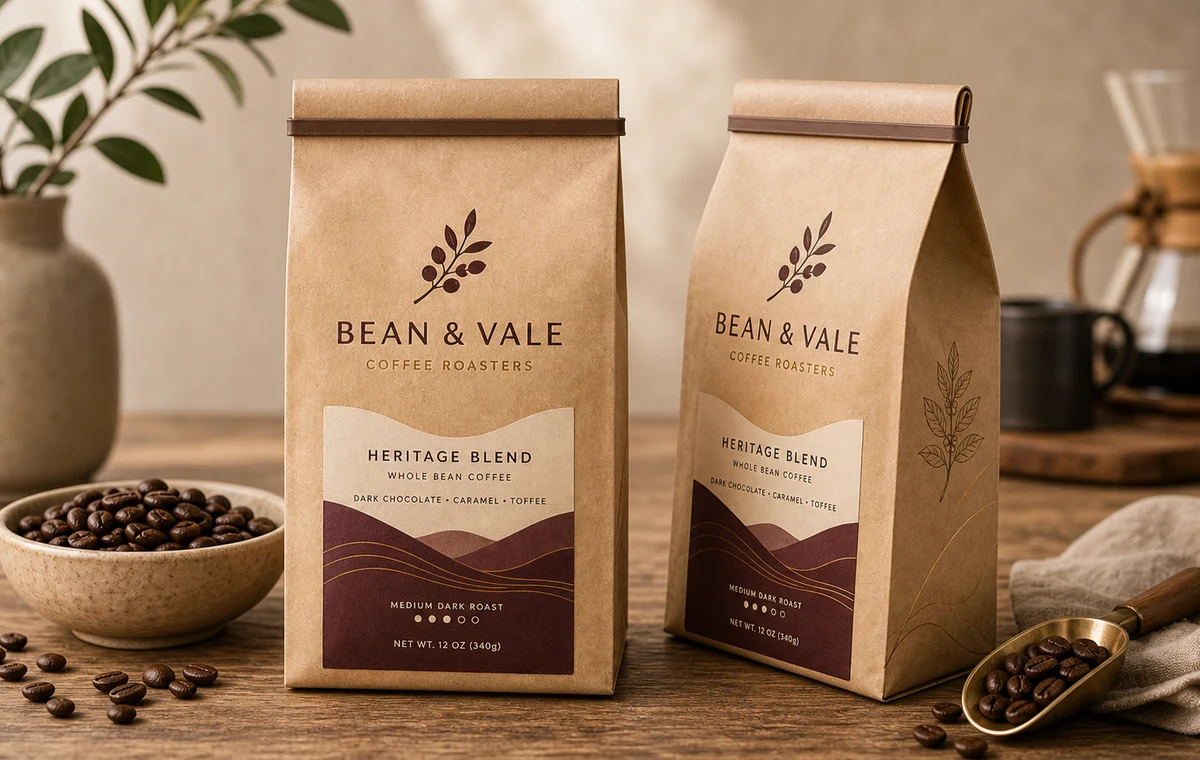 Kraft coffee bag mockups with fictional Bean and Vale branding