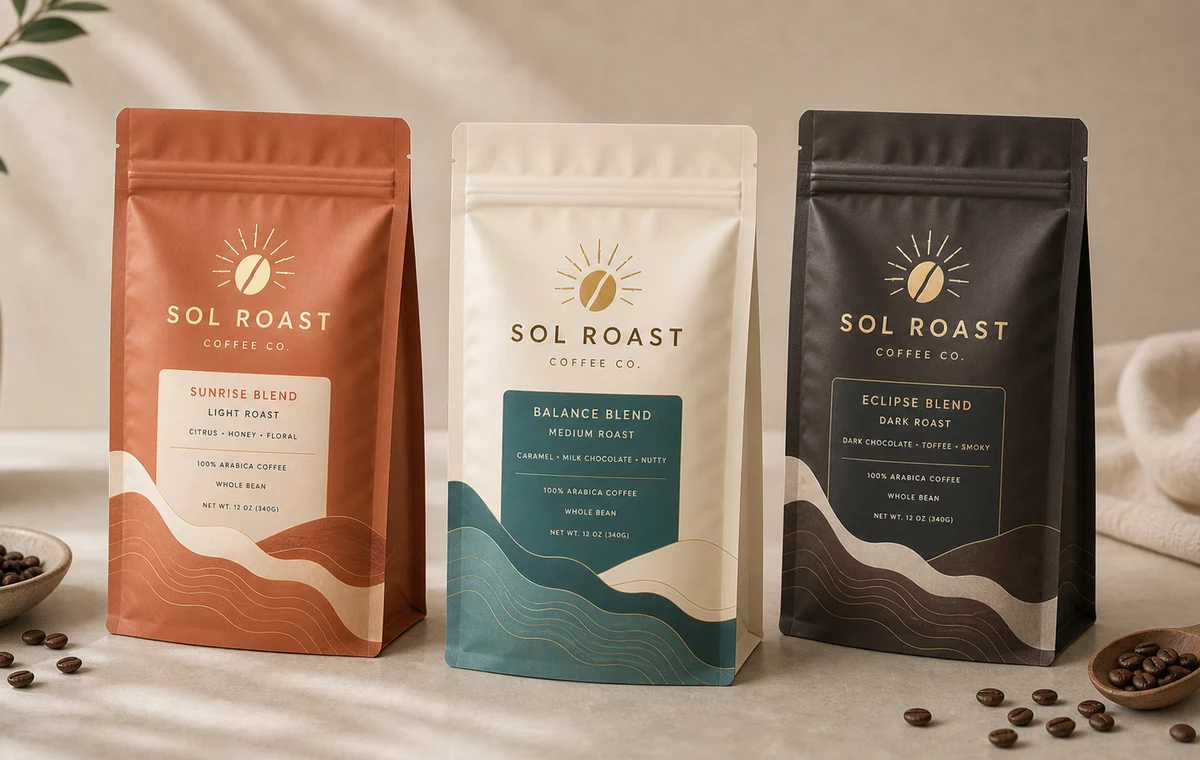 Colorful coffee pouch mockups with fictional Sol Roast branding