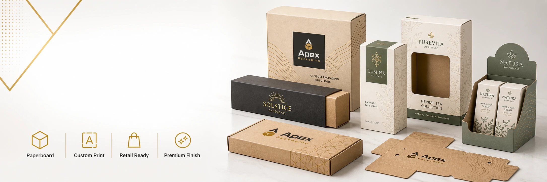 Apex Packaging custom cardboard boxes banner with branded paperboard cartons, retail boxes, dieline samples, feature icons, and service headline.