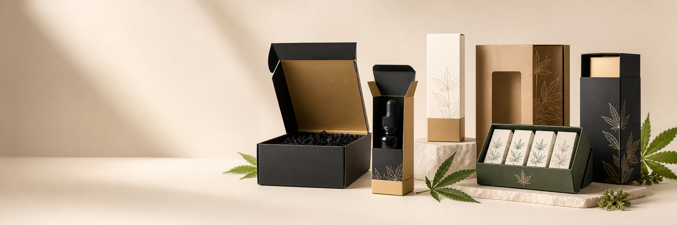 Premium CBD packaging boxes with black, gold, kraft, and white custom box styles