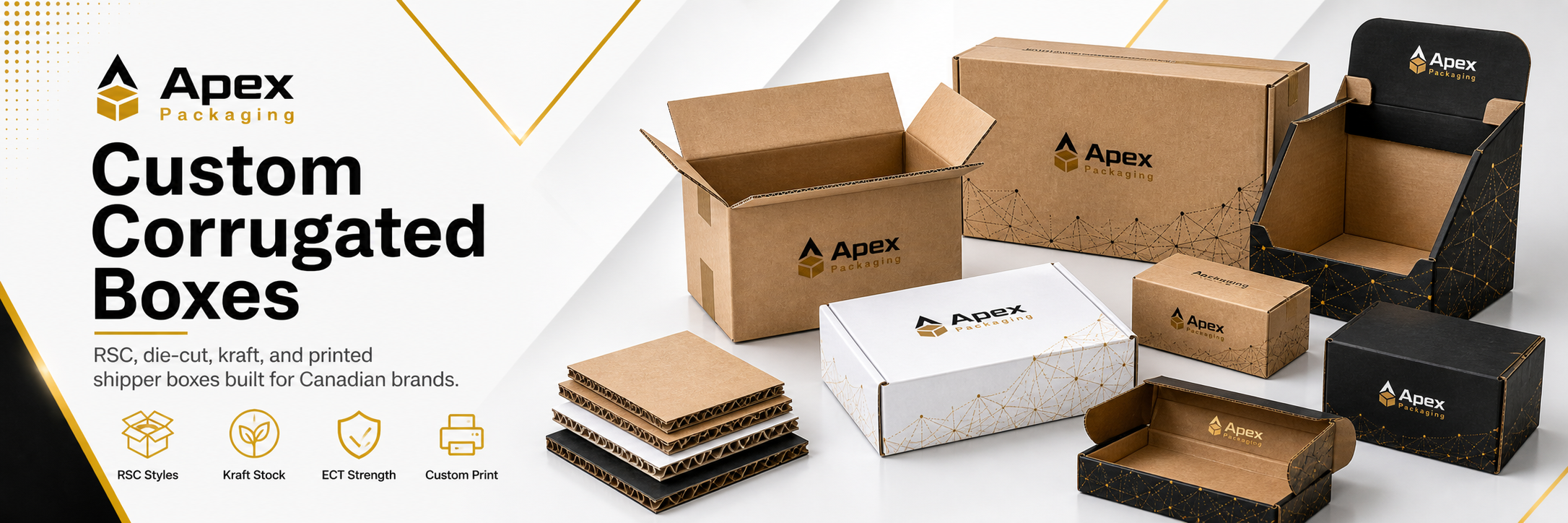 Apex Packaging custom corrugated boxes banner with branded RSC cartons, kraft boxes, die-cut displays, flute samples, feature icons, and service headline.