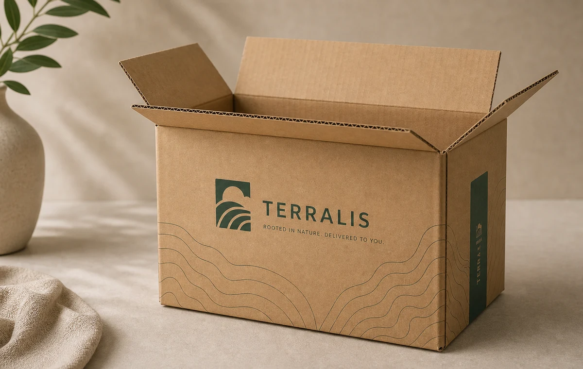 Kraft corrugated shipping box mockup with Terralis branding