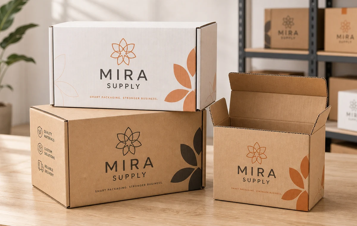 Stacked printed kraft carton mockups with Mira Supply branding