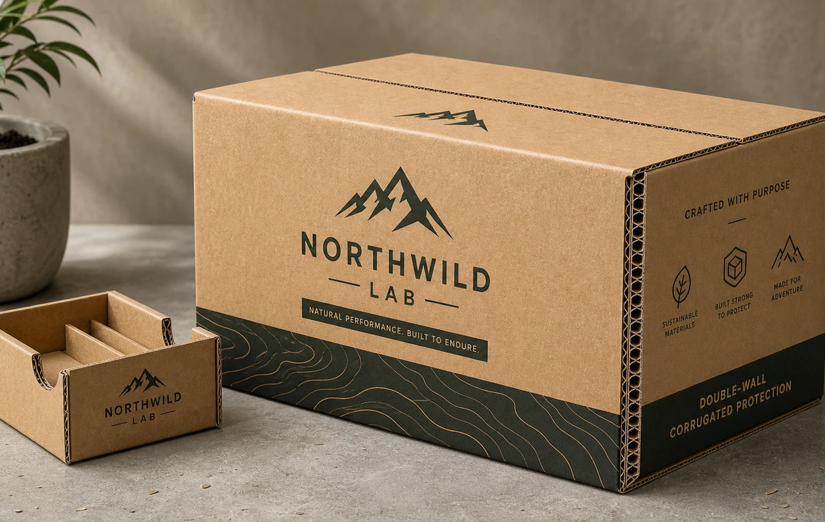 Heavy duty kraft corrugated box mockup with Northwild Lab branding