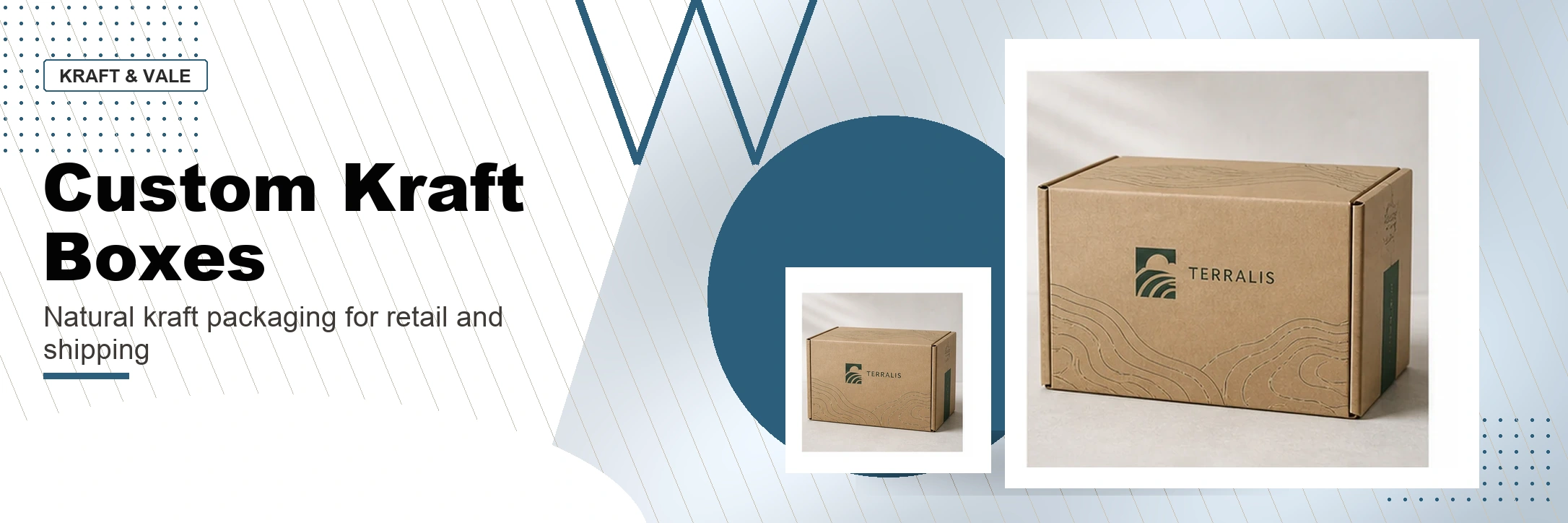 Premium custom kraft boxes banner with fictional branded kraft packaging mockups, feature icons, and service headline.