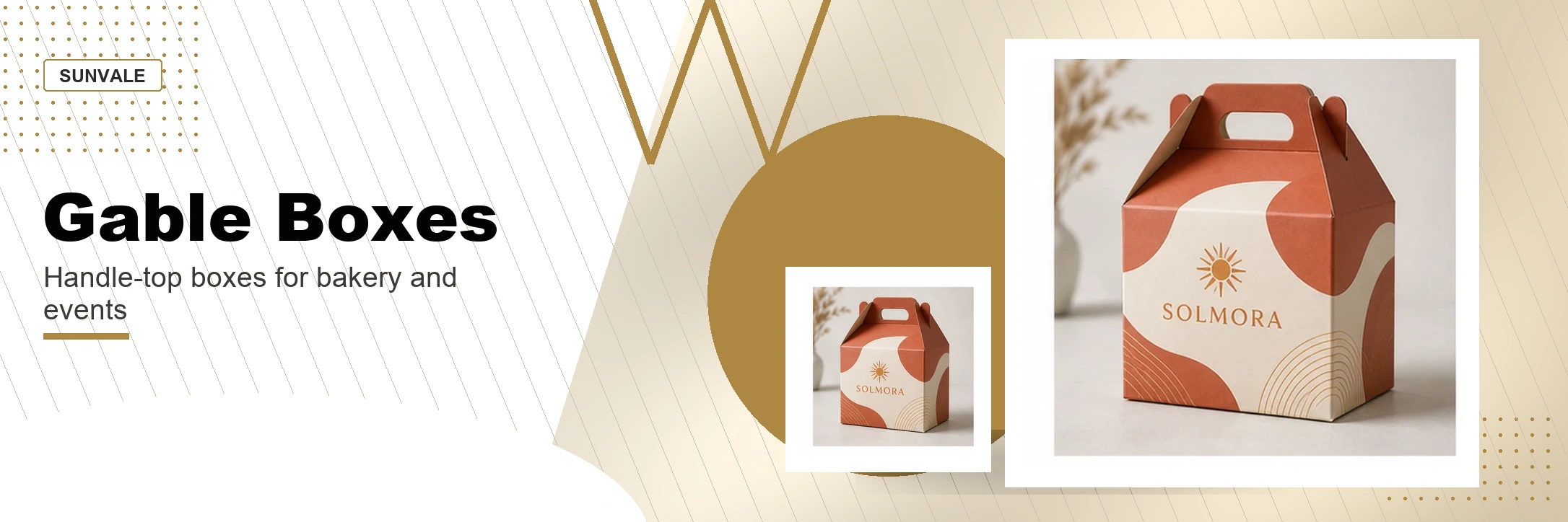 Premium custom gable boxes banner with fictional branded handle-top packaging mockups, feature icons, and service headline.