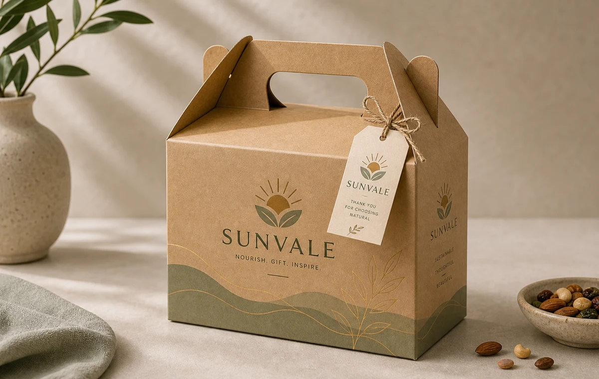 Kraft gable box mockup with fictional Sunvale branding