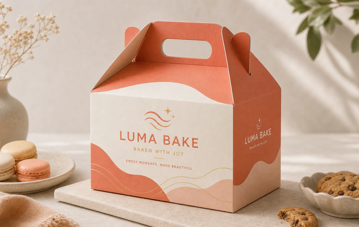 Coral bakery gable box mockup with fictional Luma Bake branding