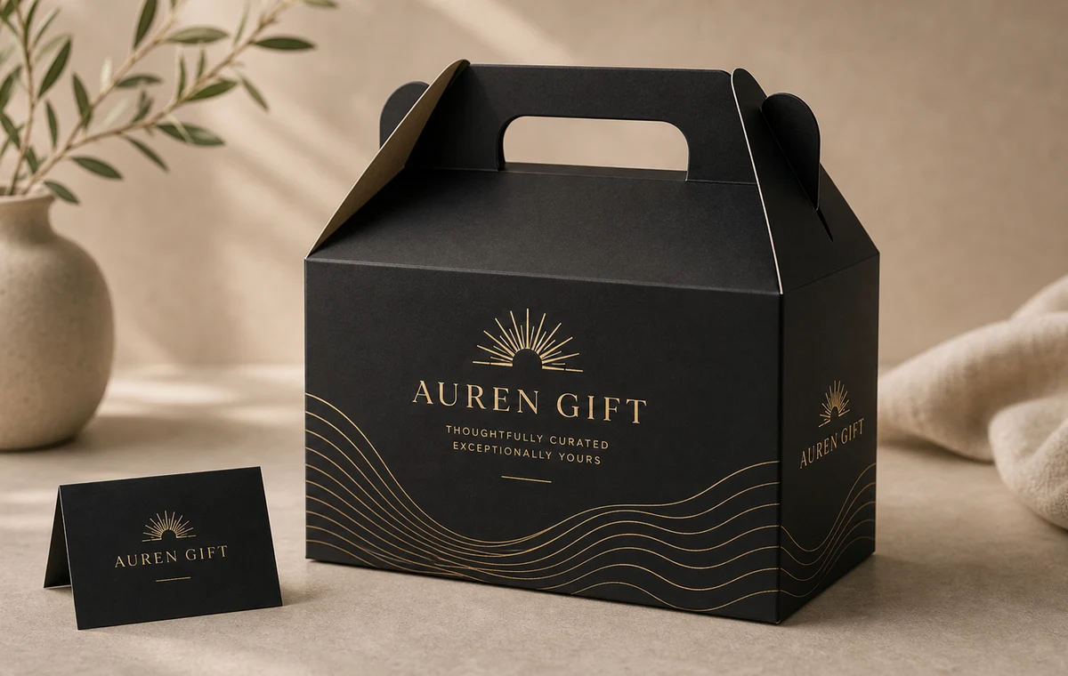 Black premium gable box mockup with fictional Auren Gift branding