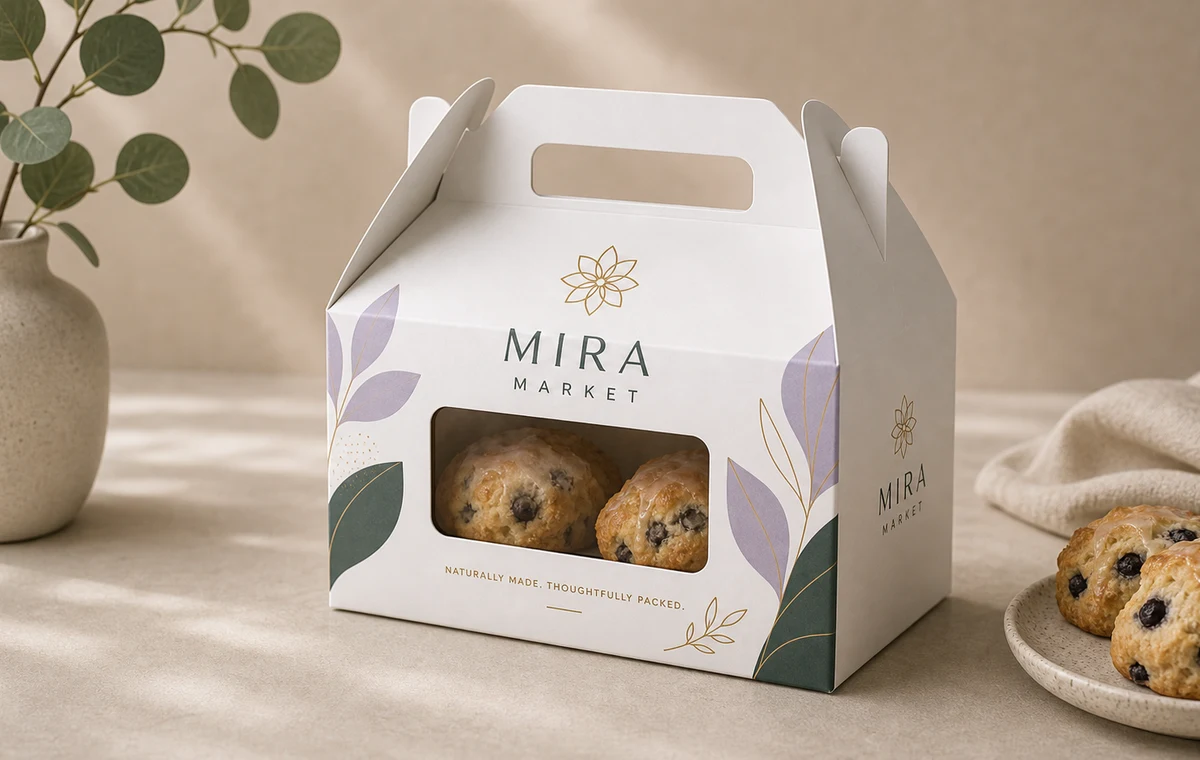 White window gable box mockup with fictional Mira Market branding