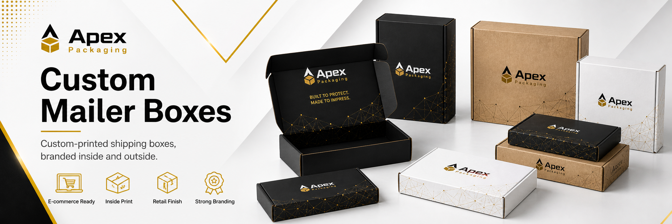 Apex Packaging custom mailer box banner with headline, feature icons, and branded black, kraft, and white mailer boxes.