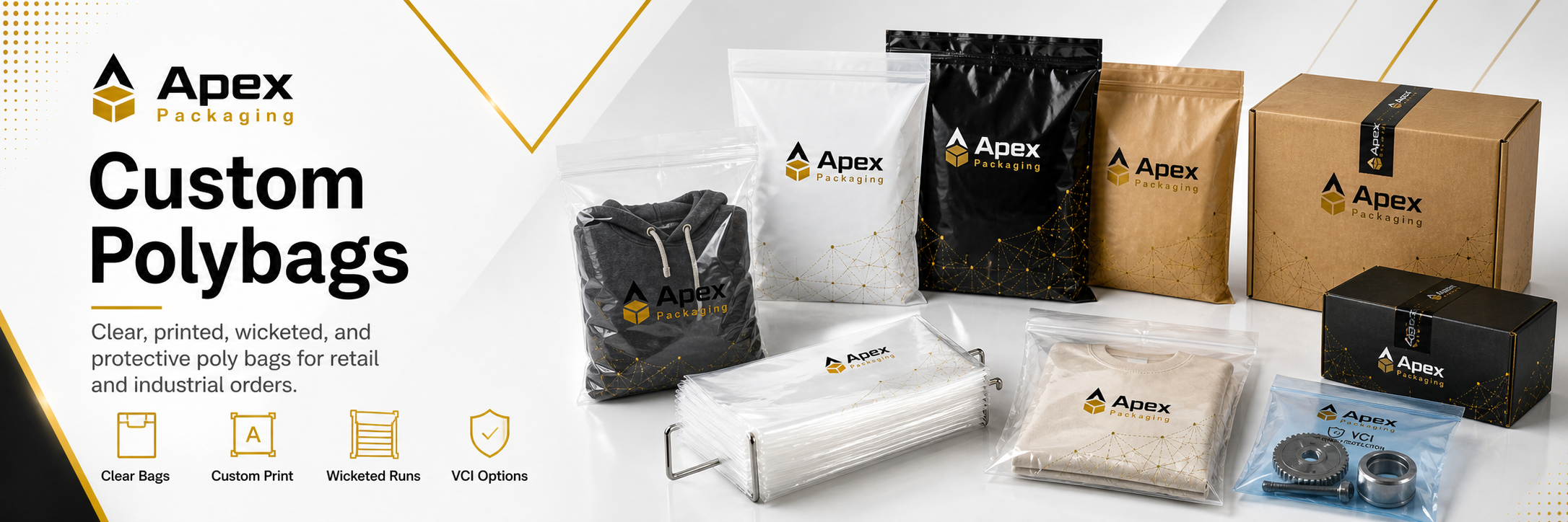 Apex Packaging custom polybags banner with clear bags, printed mailers, wicketed runs, VCI protective bags, branded cartons, feature icons, and service headline.